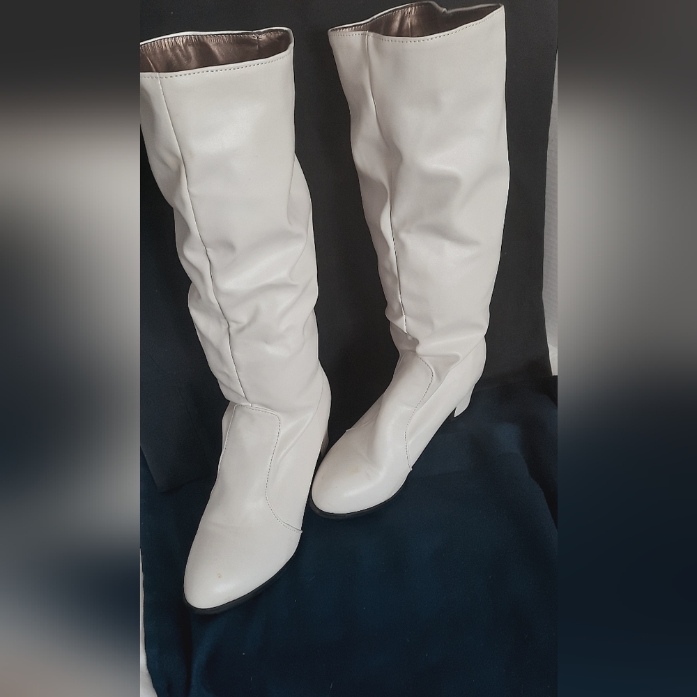 White Faux Leather Over the Knee Boots with Slouchy Design